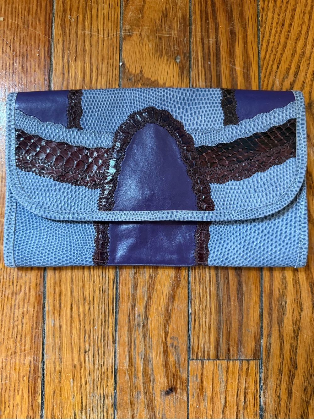 Carlos Falchi Blue and Purple Leather & Snakeskin Clutch